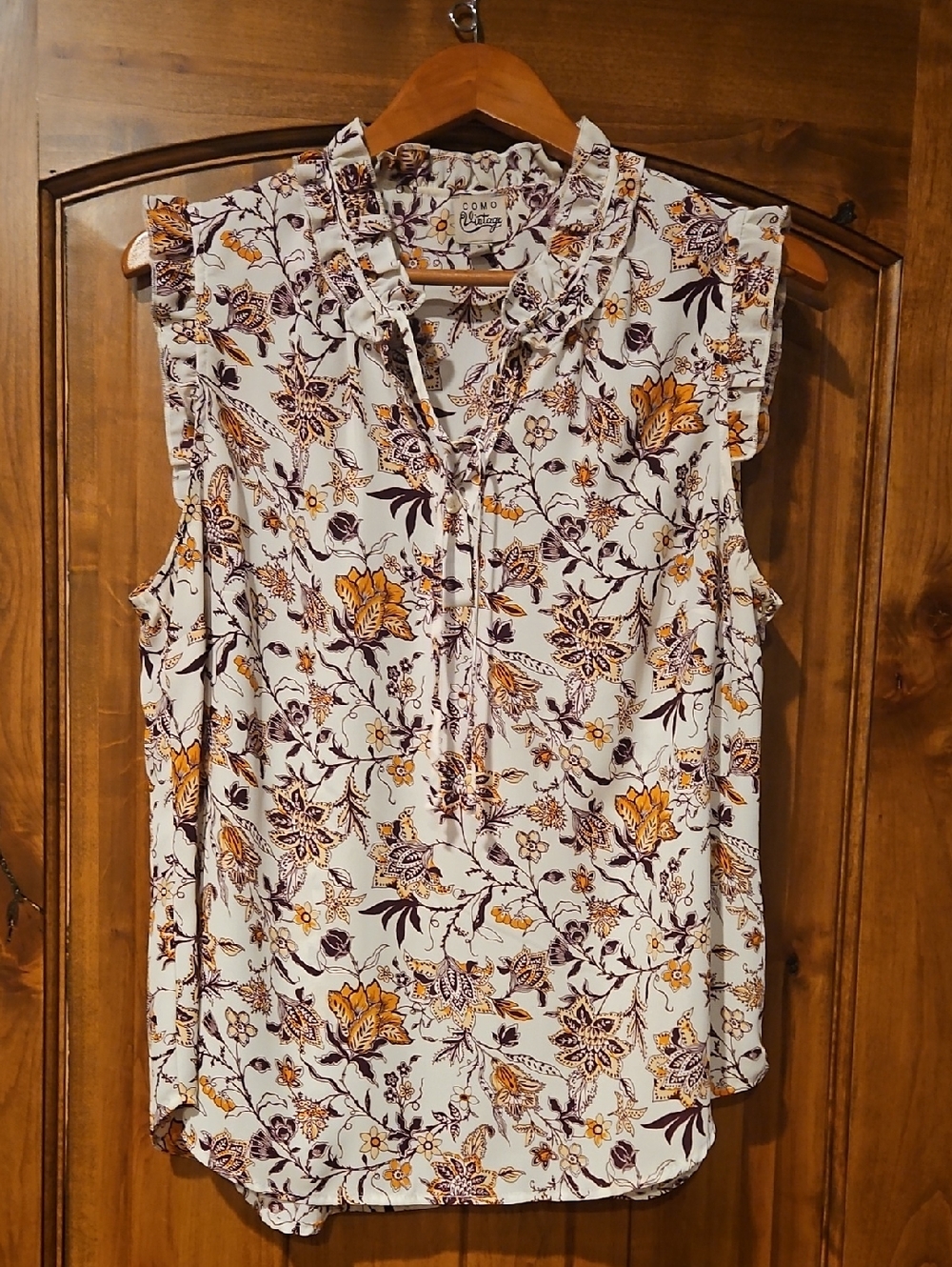 Como Vintage Floral Ruffle Sleeveless Blouse in White, Mustard & Plum